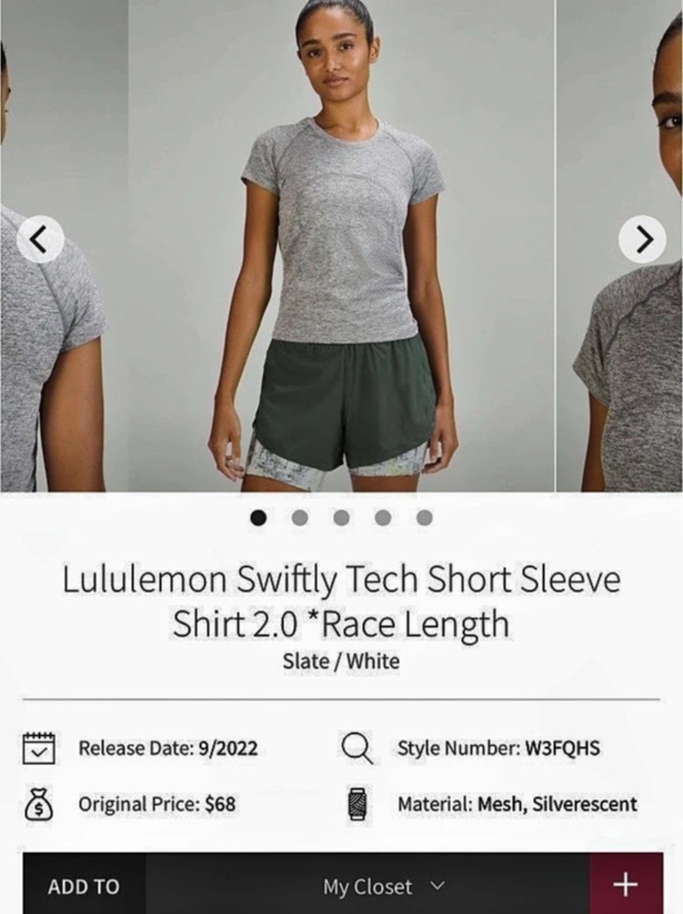 lululemon Swiftly Tech Short Sleeve Shirt 2.0 *Race Length Tee Gray & White